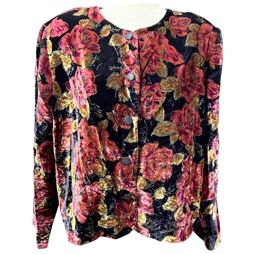 Maggie McNaughton Dark Floral Velvet Gold Embossed Jacket Size 18W Roses Event